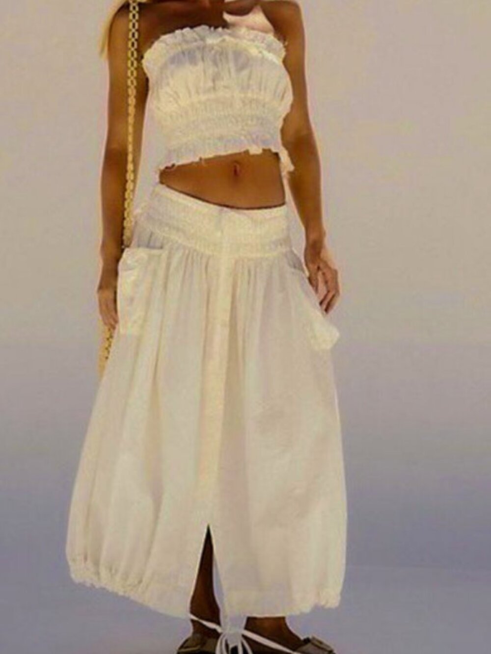 Free People All The Things Set Smocked Strapless Tube Cream Skirt & Top XS